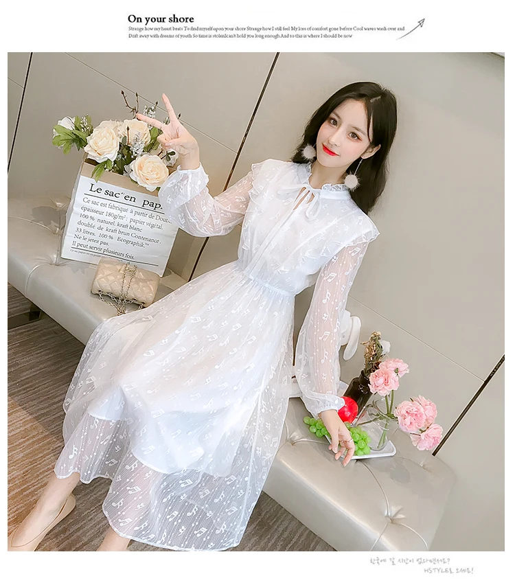 2019 Autumn Women Long Sleeve Lace Dresses Woman Korean Ruffles Lady Dress Tulle | Женская одежда
