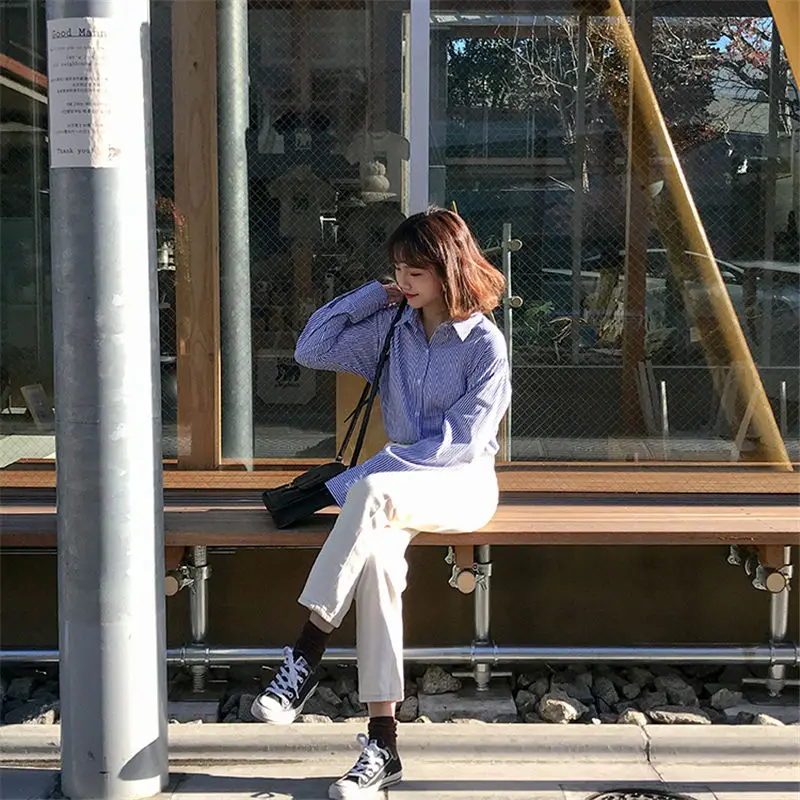 Женские блузки с отложным воротником Hzirip повседневные свободные рубашки в синюю