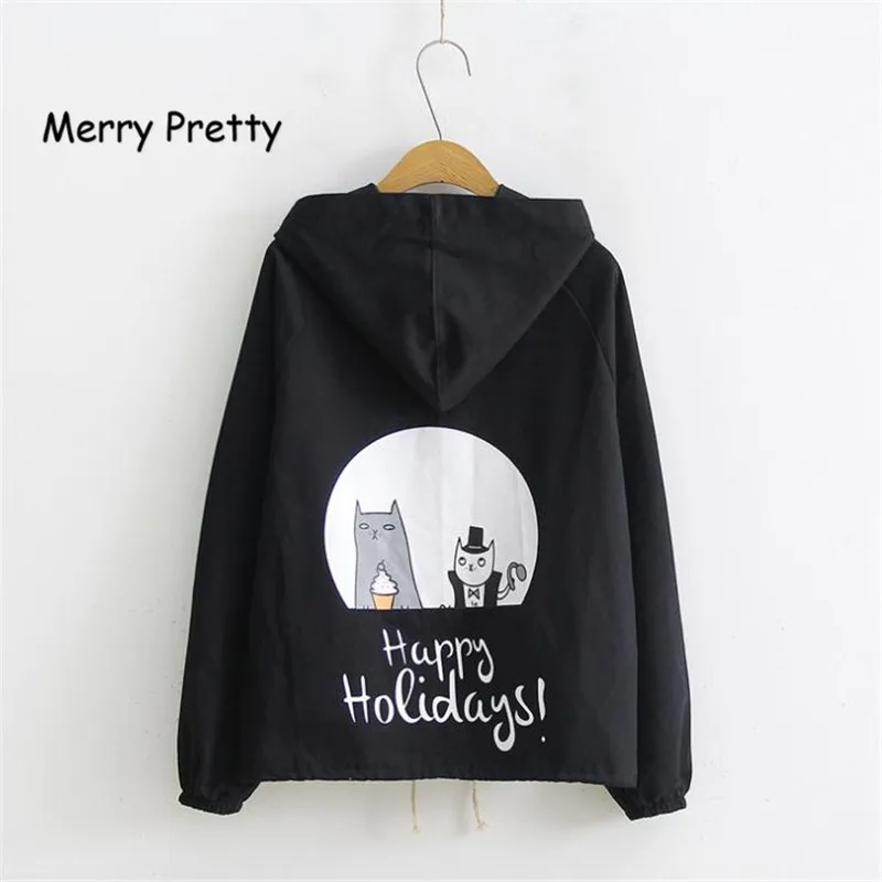 

Merry Pretty Autumn Winter Jacket Women Kawaii Cute Hooded Cartoon Print Coats Harajuku Ladies Pink Casual Thin Jacket for Girl
