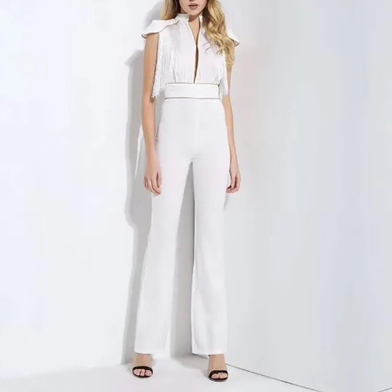 white TWOTWINSTYLE элегантное белое платье с кисточками в стиле пэчворк Для женщин комбинезон стенд без рукавов Высокая талия узкие штаны Женская мода лето - Цвет: white