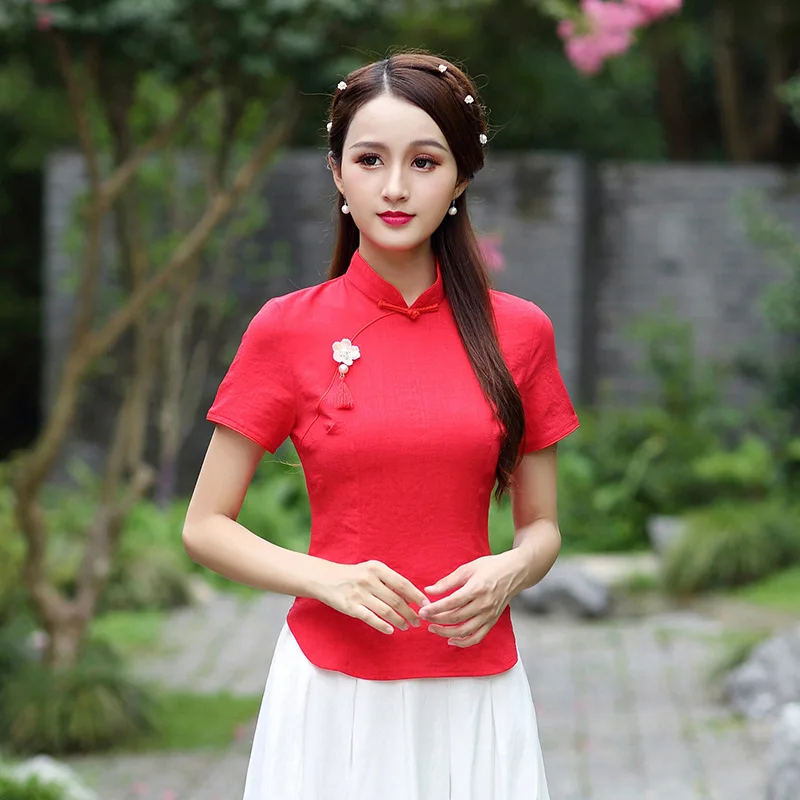 SHENG Коко китайский Винтаж Костюмы костюм Guzheng Cheongsam Чай топы, летний льняной костюм Традиционный китайский Стиль рубашки Для женщин