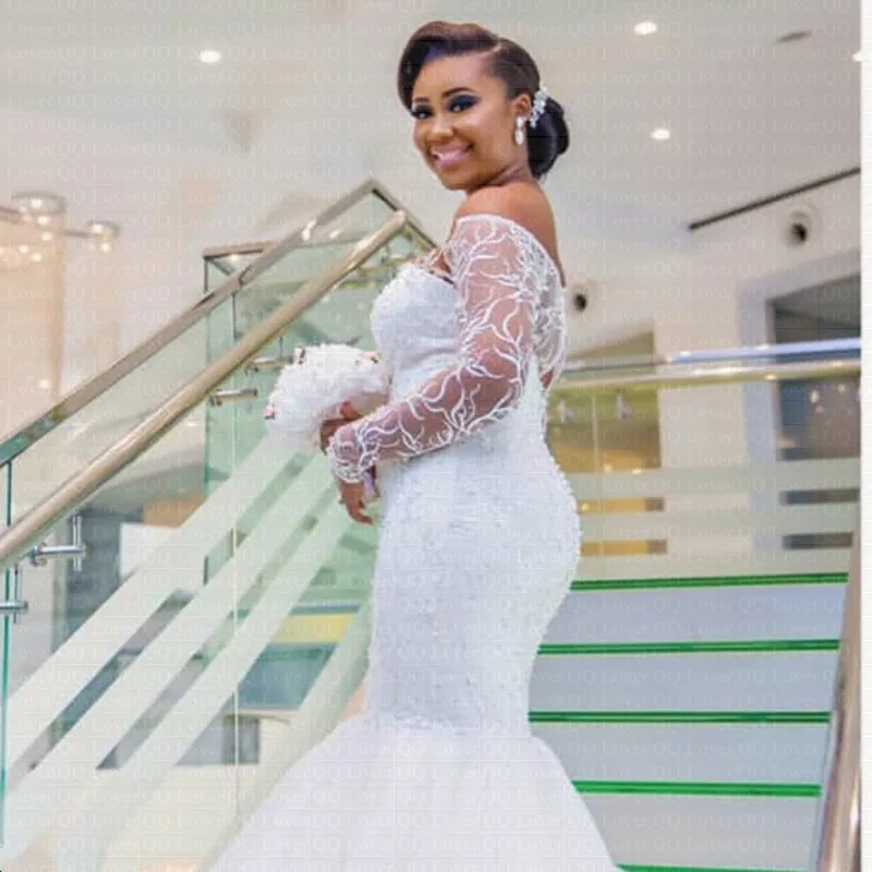 New African Mermaid Wedding Dress Luxury Lace Off the Shoulder Wedding Gown