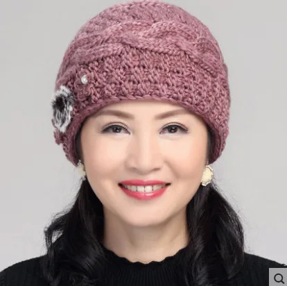 

New Fashion Women Winter Knitted Hat Sets Floral Bonnet Wool Mixed Rabbit Fur Warm Hat Scarf Outdoor Knitted Baggy Headwear Cap
