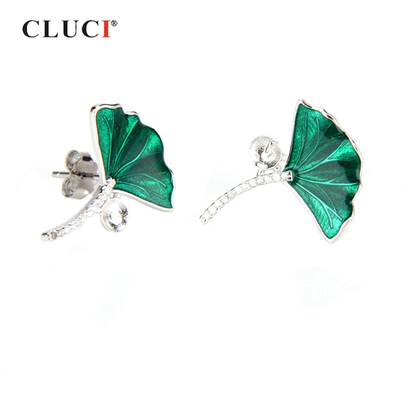 

CLUCI 925 Sterling Silver Green Leaf Earrings Fine Jewelry Pearl Earring Mounting Silver 925 Green Stud Earrings SE040SB