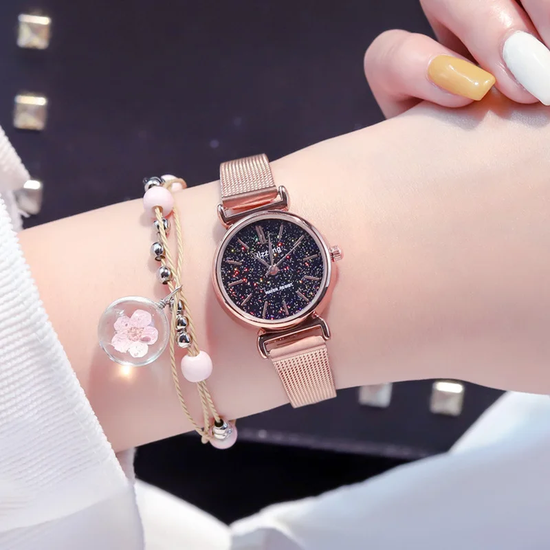 Женские часы с браслетом звездного неба золотые маленькие наручные элегантные