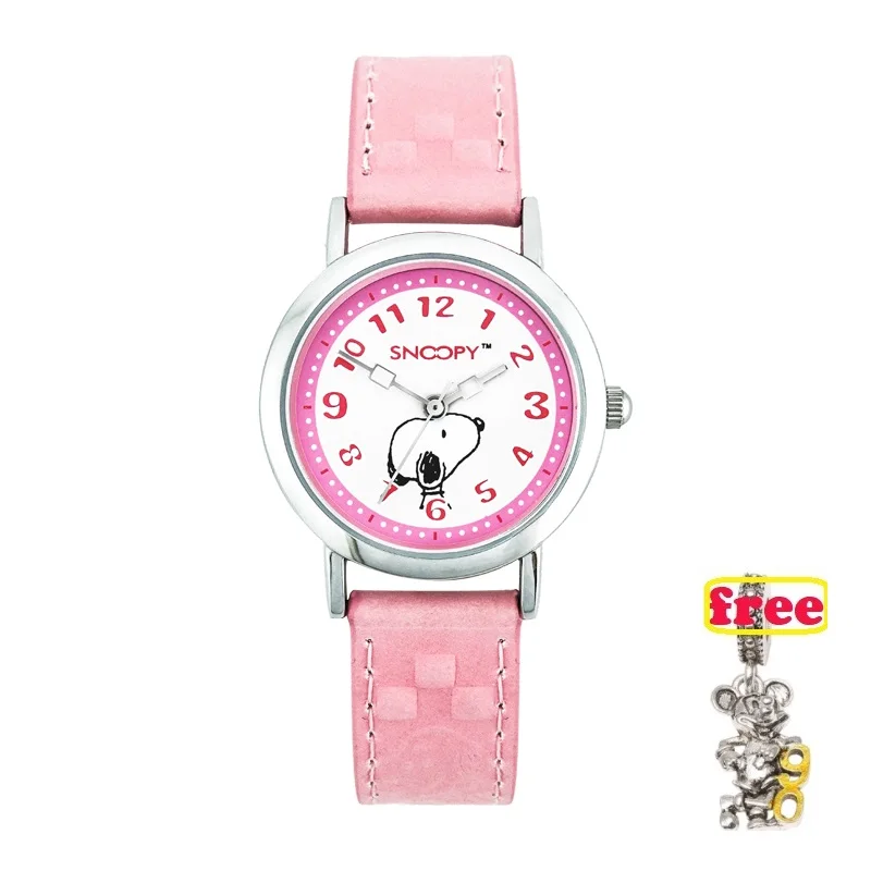 SNOOPY/Новинка; оригинальные часы для девочек; Детские часы с героями мультфильмов; модные милые детские часы с кожаным ремешком; японские кварцевые часы; relogio feminino - Цвет: PINK