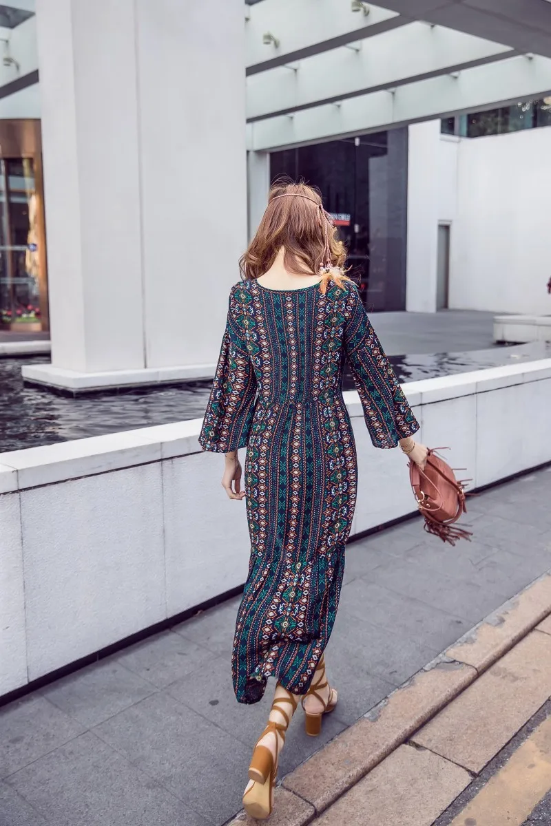 Богемное этническое женское летнее длинное платье с принтом, Таиланд Vestidos Longos Robes Femmes Ukraine Vestiti Donna Платье-туника Boho