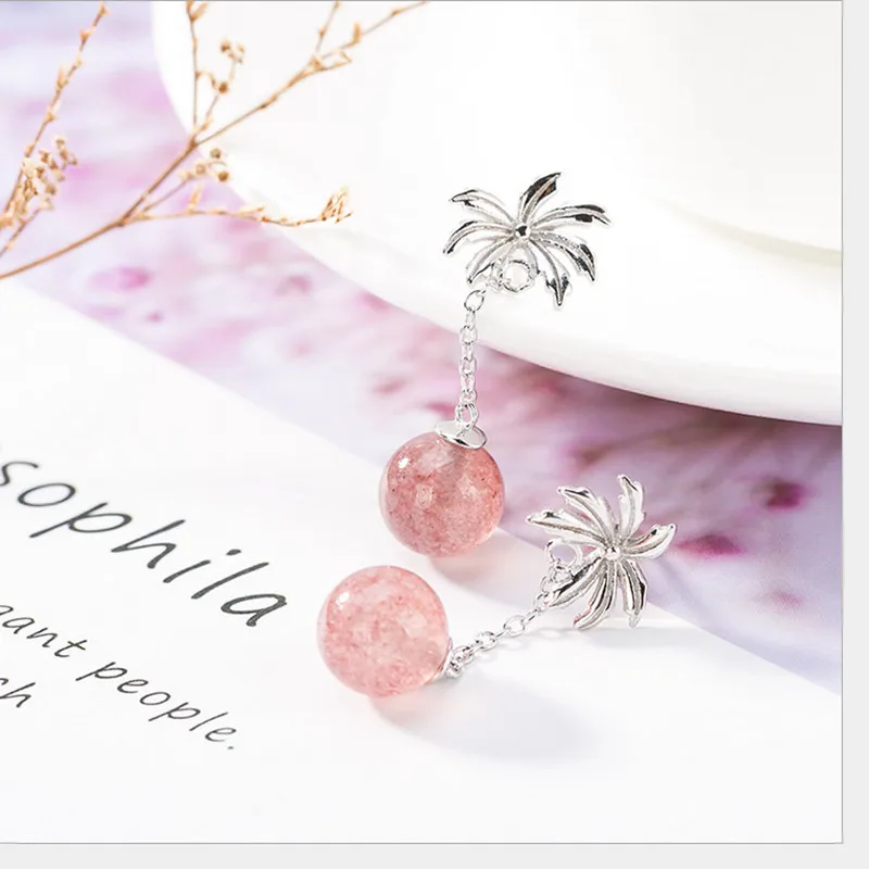 Uglyless Real Thai Silver Handmade Coconut Earrings Women Strawberry Quartz Pink Ball Fine Jewelry Solid 925 Bijoux | Украшения и