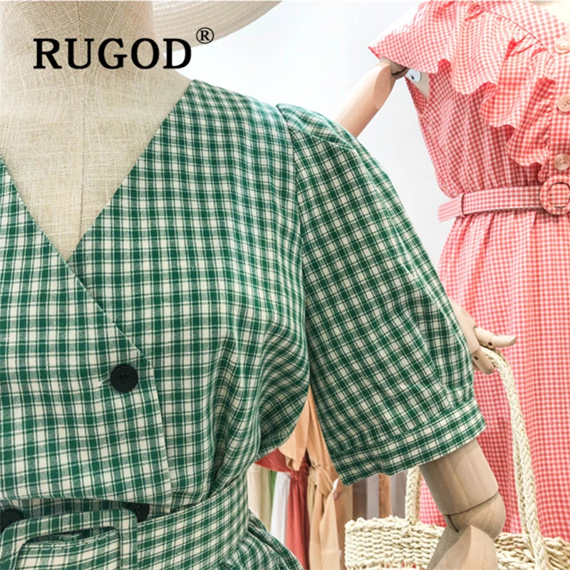 RUGOD Офисная Женская клетчатая рубашка с поясом винтажная женская блузка v