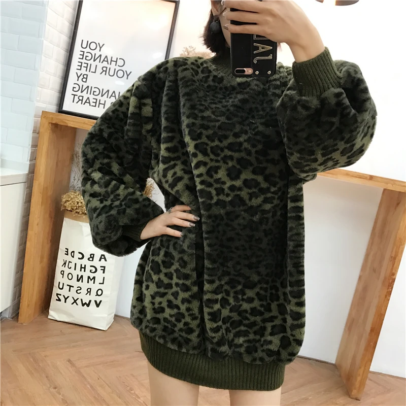 Леопардовый свитер с мехом размера плюс платье для девушек длинным рукавом