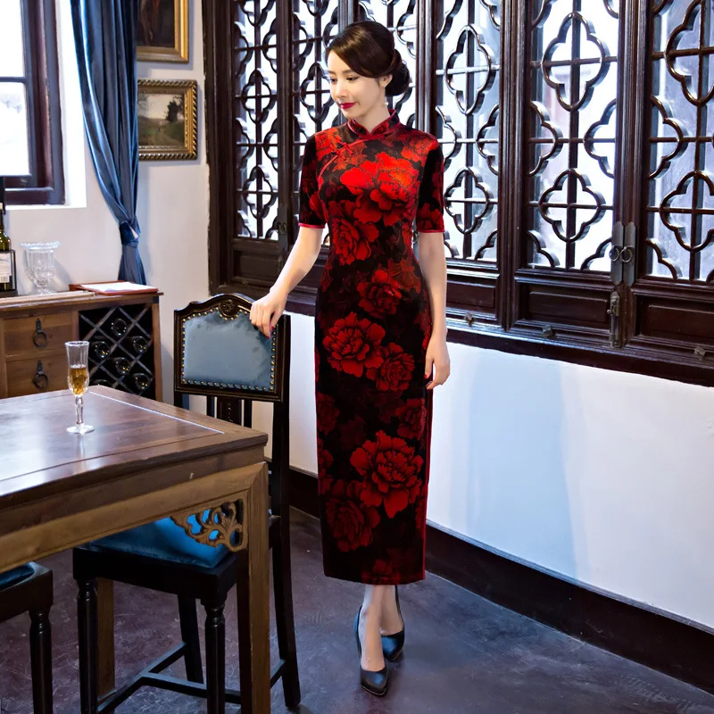 Черный красный длинный тонкий Для женщин Cheongsam Китайский Дамы Велюр Qipao Новинка
