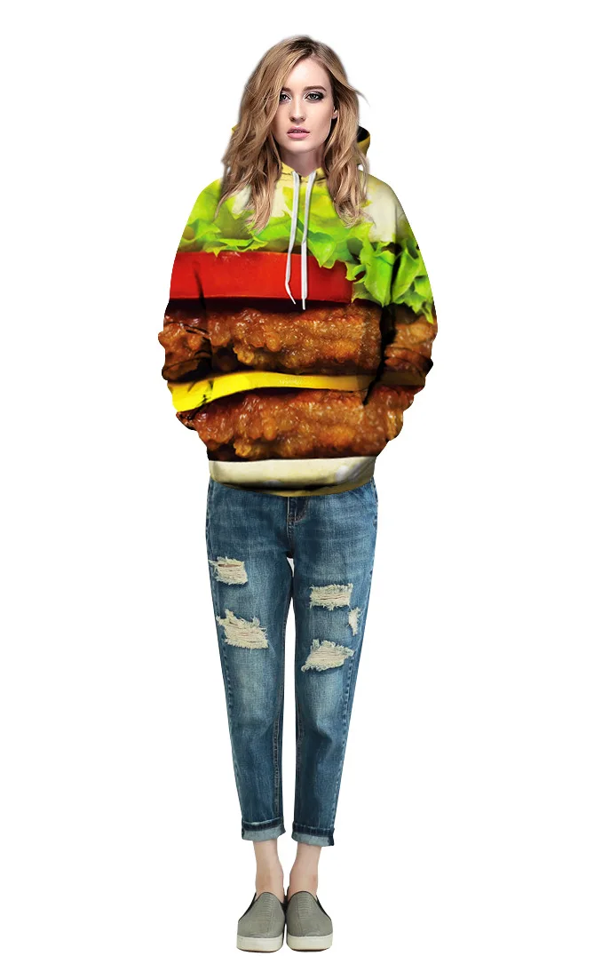Harajuku 3D Print hamburger Sweatshirts Fashion Long sleeve with hat Men Women Cute Soft Hoodies Cartoon Hoody Hooded Pullover | Женская