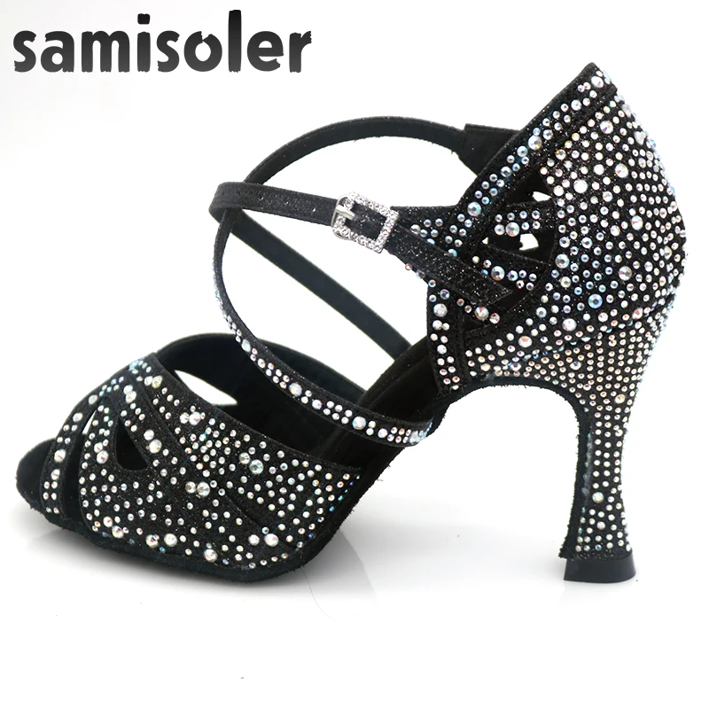 Samisolerlatin Танцы женская обувь zapatos de baile latino mujer Красивая черного цвета из сатина Для