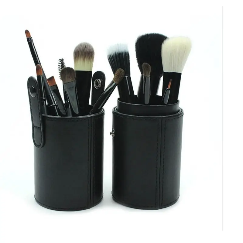 Goody quality 12pcs cosmetics brush tools soft goat hair black wooden handle makeup brush set with PU barrel
