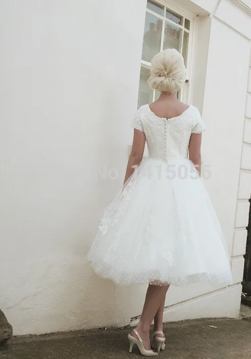 2 Wholesale Free Shipping Fashion Jewel Neck Applique Bridal Gowns Short Sleeve Tea Length Tulle Ball Gown Wedding Dress | Свадьбы и