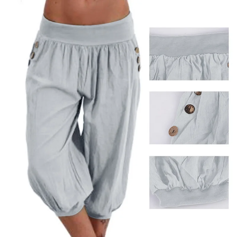CALOFE Solid Loose Pants Women Summer Loose Wide Leg Pants Capris Bloomers Trousers Knee Length Female Bottoms Plus Size