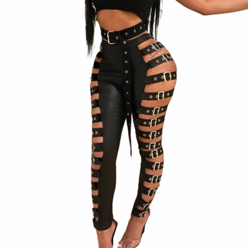 2018 панк-рок Для женщин женские брюки из эластичной искусственной кожи с пряжкой