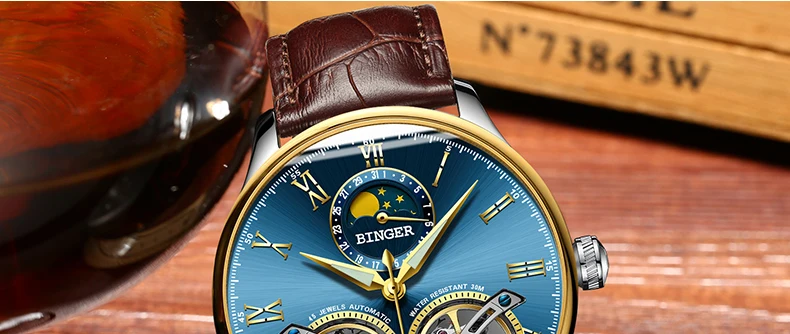 Двойной Tourbillon, швейцарские мужские часы, BINGER, оригинальные автоматические часы, мужские Модные механические наручные часы, кожаные часы