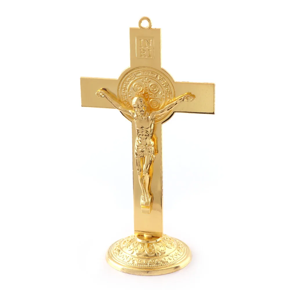 Золотая распятие статуя Иисуса Христа Статуэтка INRI Jesu крест с базой