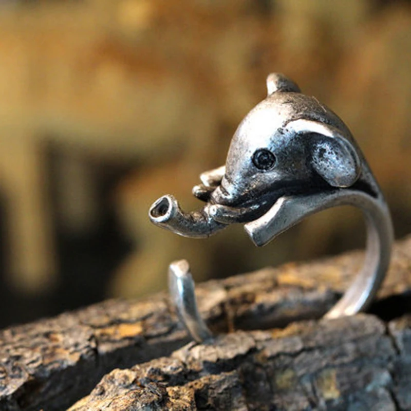 Женское кольцо со слоном регулируемое с черным кристаллом 12 шт./лот|jewelry ring