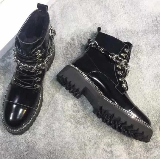 

Carpaton Autumn Newest Short Boots Real Leather Round Toe Chains Decoration Lace-up Riding Boots Woman Thick Heels Ankle Boots