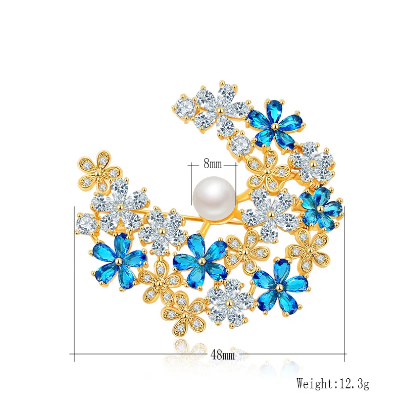 

FYM 5 Colors Crystal Zirconia Flowe Brooch For Women Top Quality Gold color 8mm Simulated Pearls Brooch Pins Jewelry Accessories