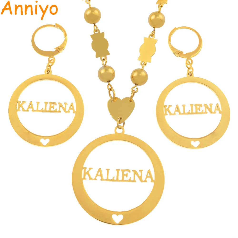 

Anniyo Name KALIENA Pendant Beads Necklaces Earrings sets for Woman's Gold Color Ball Jewellery #035921S