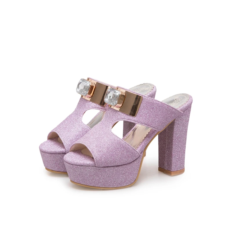 Verkaufen REAVE KATZE Frau Sandalen Große Größe 46 Kristall Maultiere Peep Toe Dame Partei Klobigen High Heels Sommer Schuhe Plattform Pantoffel Hochzeit