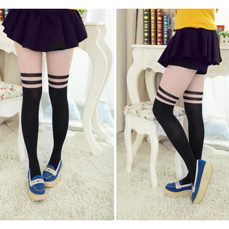 Сексуальные женские колготки выше колена двойные полосатые прозрачные черные