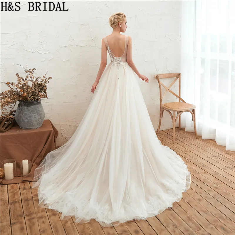 H&S BRIDAL V Neck boho wedding dress Lace Applique Wedding Gowns 2019 Beach Dress Backless Bridal vestido de noiva | Свадьбы и