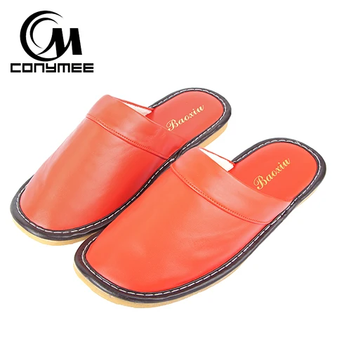 PT-RUP Orange Conymee пара Домашние зимние тапочки Для мужчин/Для женщин из натуральной кожи комнатная обувь пантуфли Нескользящие тапочки Повседневное кроссовки - Цвет: PT-RUP Orange