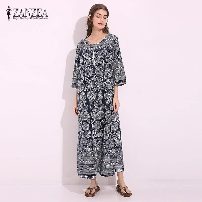 ZANZEA винтажное женское летнее платье с рукавом 3/4, свободные хлопковые льняные карманы с цветочным принтом, ретро прямое длинное платье макси размера плюс