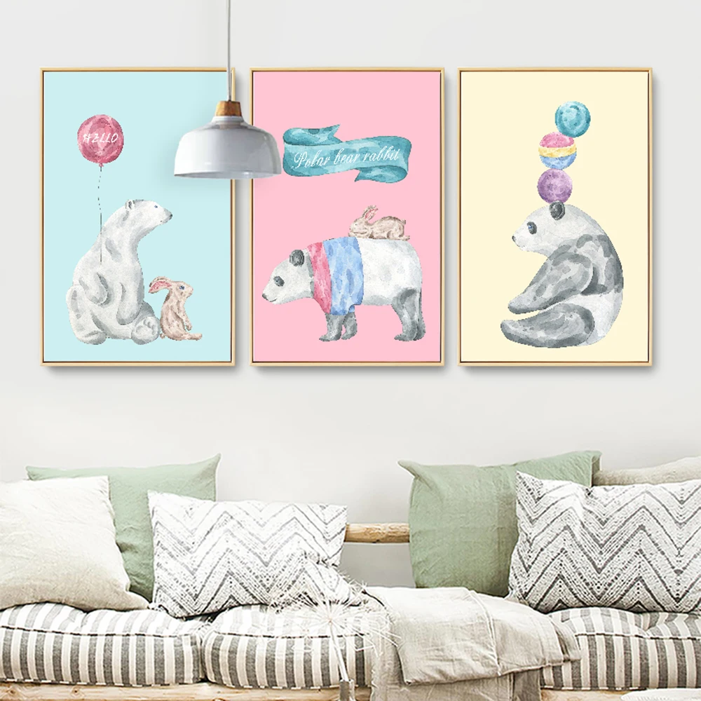 Мультфильм животных Холст Живопись Медведь Кролик принты для детской постер