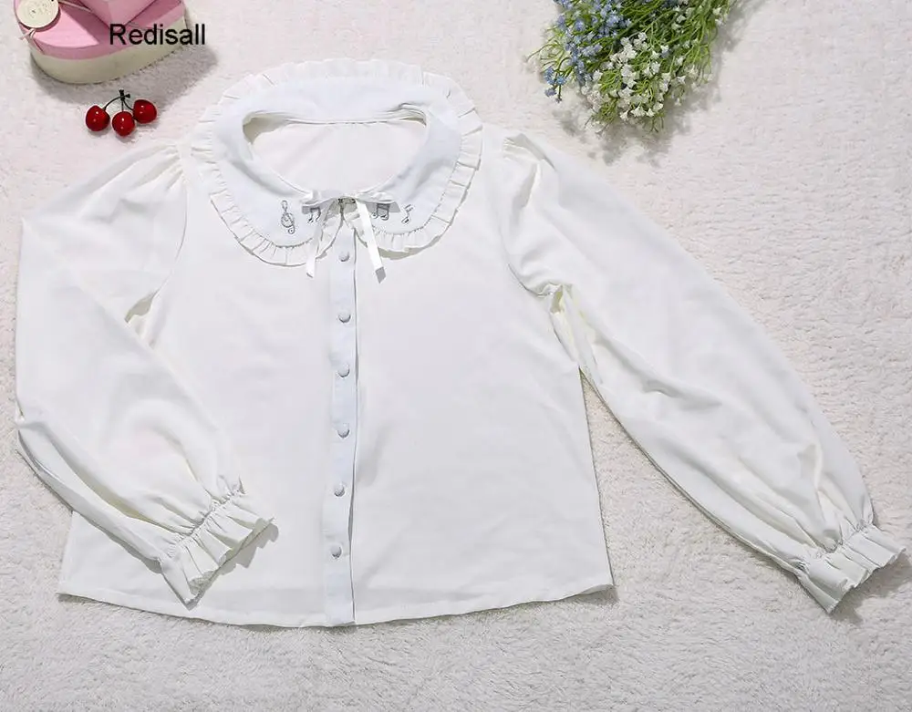 White Long Blouse Платье Лолиты с высокой талией, блузка, милые кружевные рубашки с бантом, с принтом, с музыкальной нотой, скрипки, Длинные Короткие рукава, платье-комбинация, юбка - Цвет: White Long Blouse