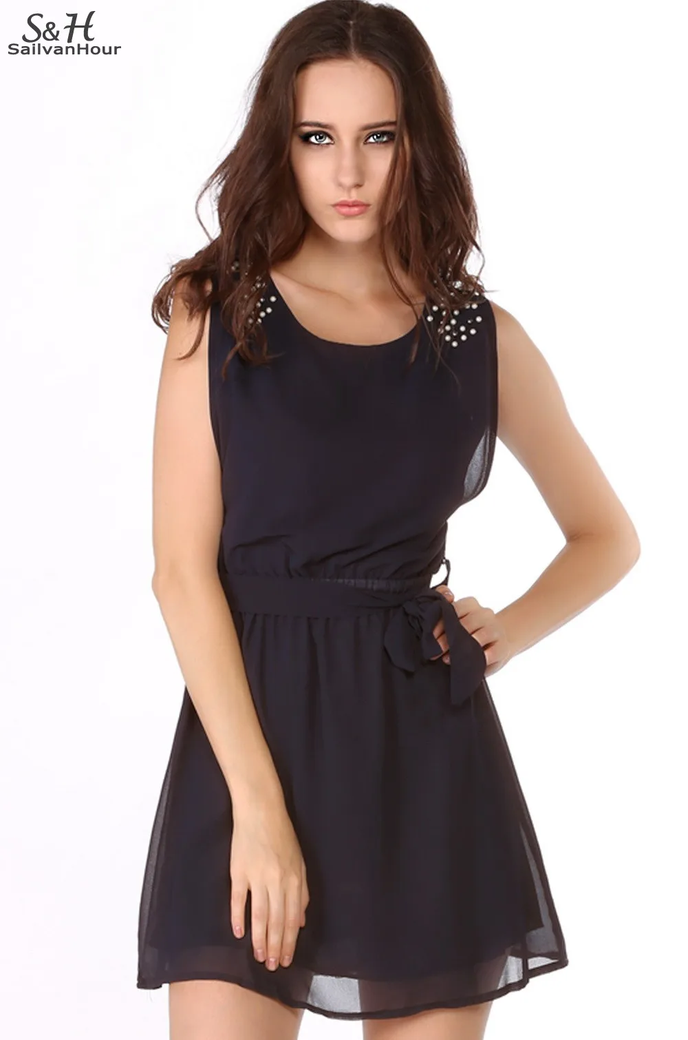 Платье плиссировка шифон свободного покроя без рукавов лето женщины дамы