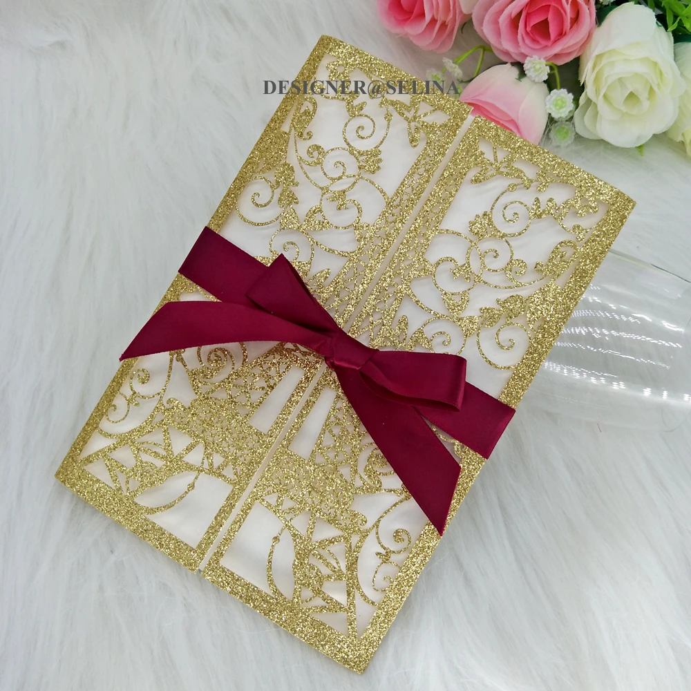 Блестящие свадебные приглашения в виде башни с лентой и конвертом женское