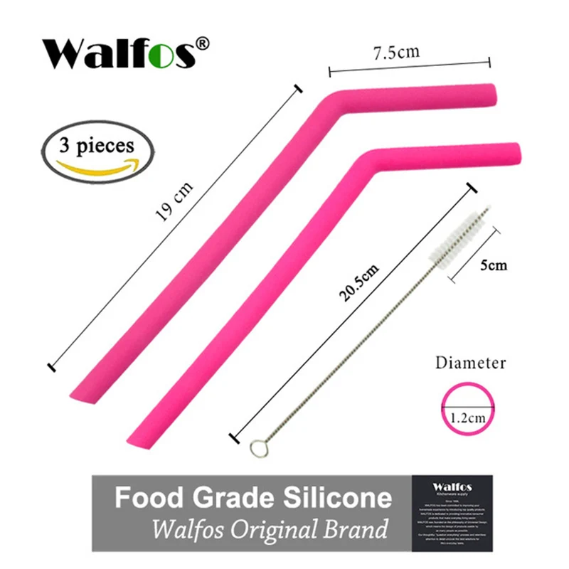 big pink WALFOS 2 шт многоразовые соломинки для питья Пищевая силиконовая соломинка яркая соломинка для питья с чистящей щеткой - Цвет: big pink