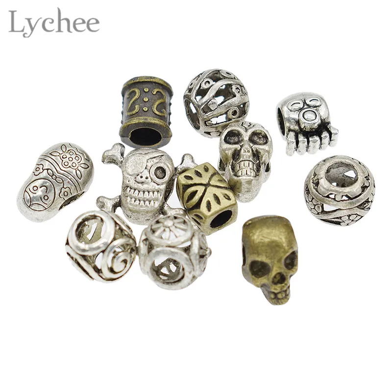 Lychee 11 шт. сплав Череп полый дредлок бусины набор зажимы манжета трубка для