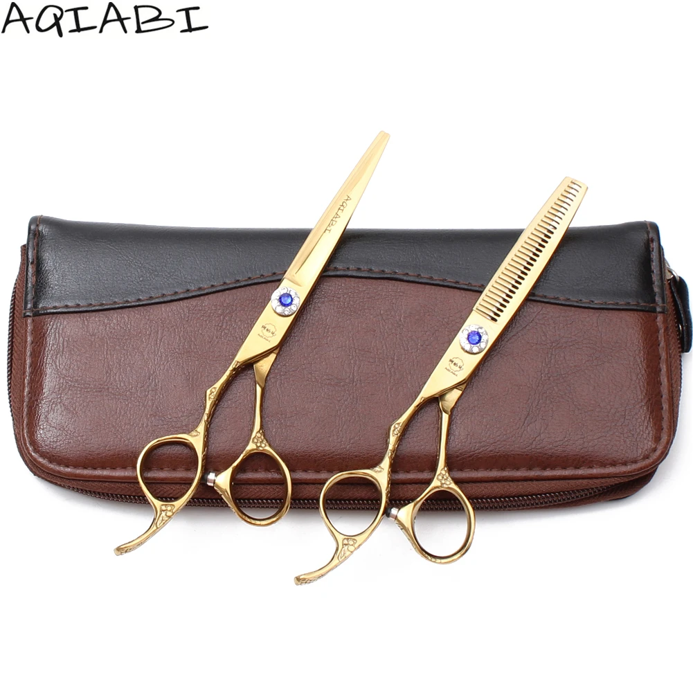 A8002 6.0'' Lefty 440C AQIABI Gold Cutting Shears Thinning Scissors Hairdressing Professional Hair Haircut Set | Красота и