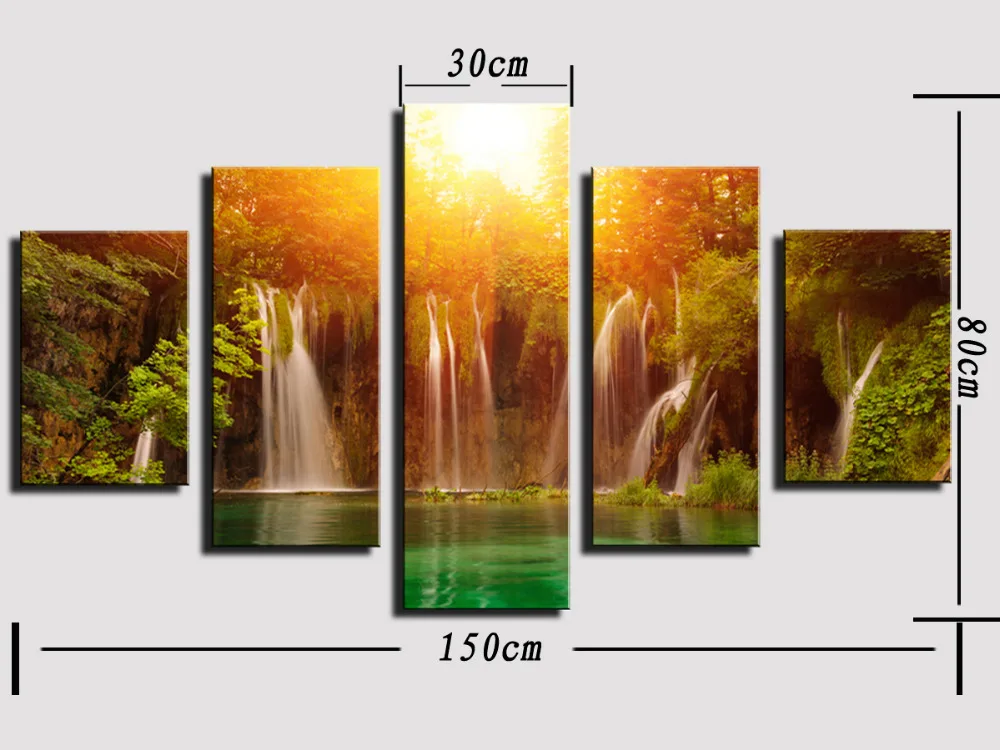 Водопад среди желтое солнце и зеленое озеро Топ-рейтинг холст печать живопись