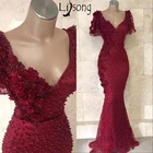 Женское вечернее платье-русалка, Бордовое платье до пола с V-образным вырезом, коротким рукавом, 3D цветами и жемчугом, для выпускного вечера, 2019