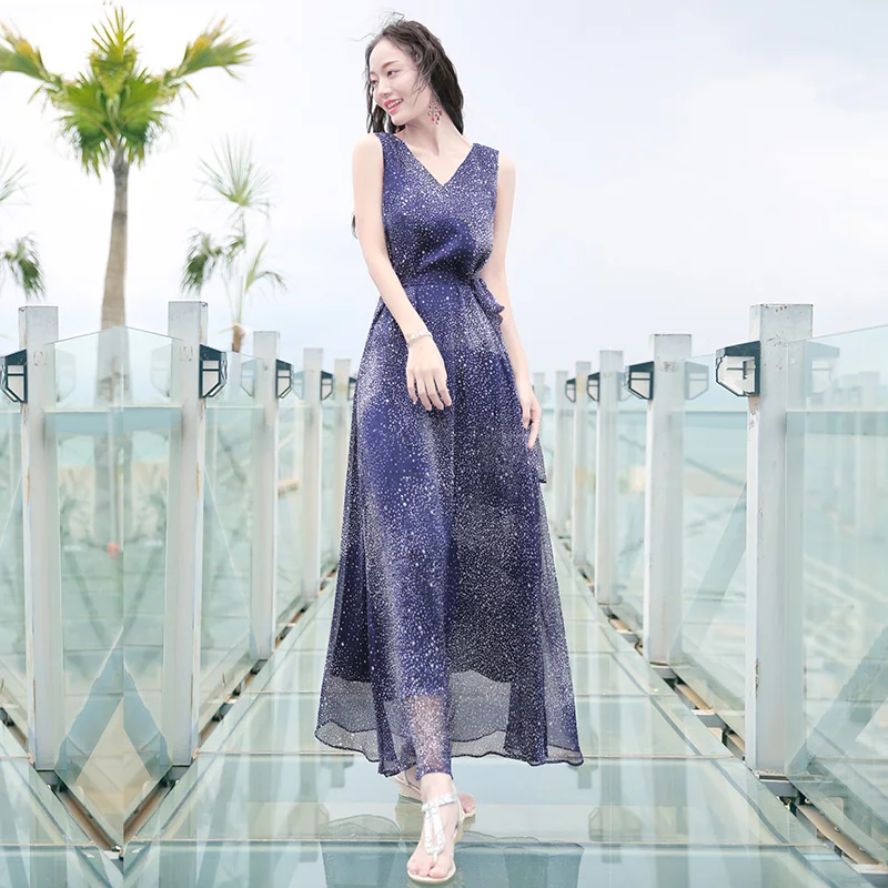 Женское шифоновое платье без рукавов повседневное длинное с высокой талией и