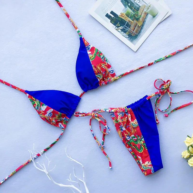 Женские летние бикини с винтажным принтом синий купальник две части заполненный
