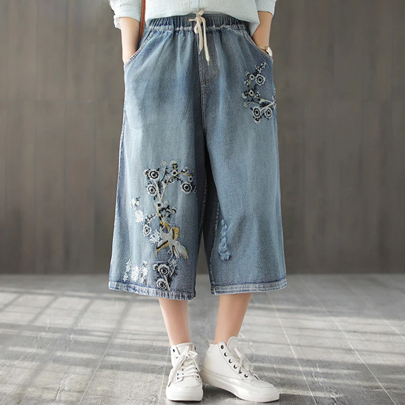Летние брюки 2019 женские любимые джинсы с вышивкой женская уличная одежда милые