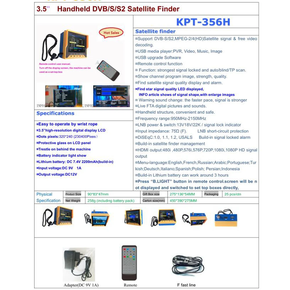 KPT-356H 3,5 inchHandheld TFT lcd Многофункциональный(DVB-S/S2) цифровой спутниковый искатель лучше Satelink