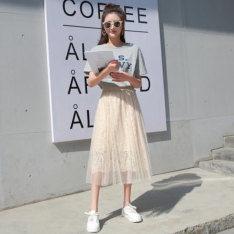 Fashion Midi Summer Skirts 2018 Solid Ankle-length Lace Empire Mesh Pleated Promotion Special Offer Skirt | Женская одежда