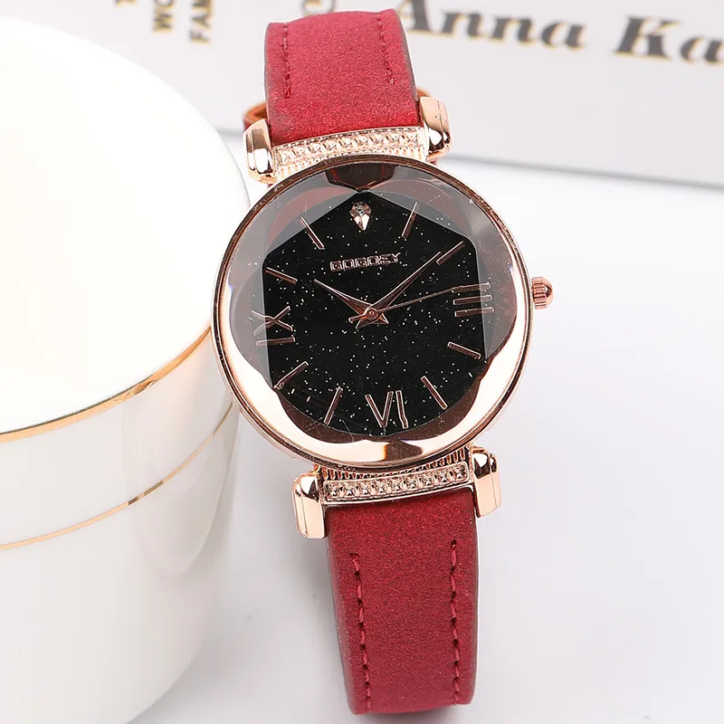 Dark red black Изысканные роскошные женские часы, модные женские часы, розовое золото, звездное небо, циферблат, кожаный ремешок, кварцевые наручные часы для женщин - Цвет: Dark red black