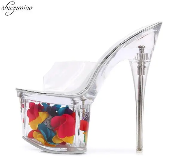

Women Slippers Summer 2019 Sexy Crystal Slipper Thin Heels 17cm Transparent Sandals Cool Slippers Size 34-43 Female's Wedding