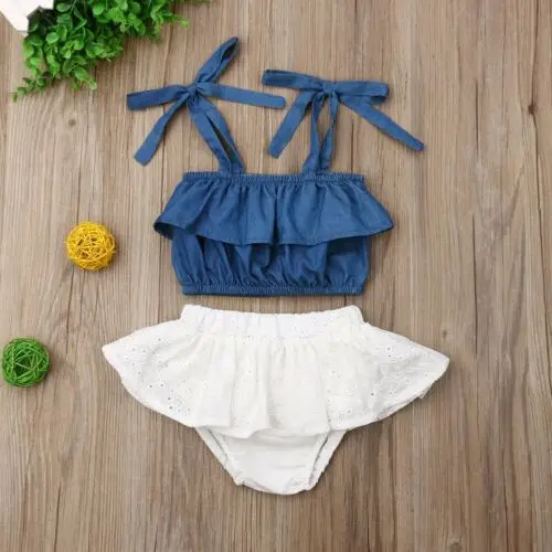Джинсовый топ без рукавов для новорожденных девочек шорты юбка наряд одежда 2 шт.