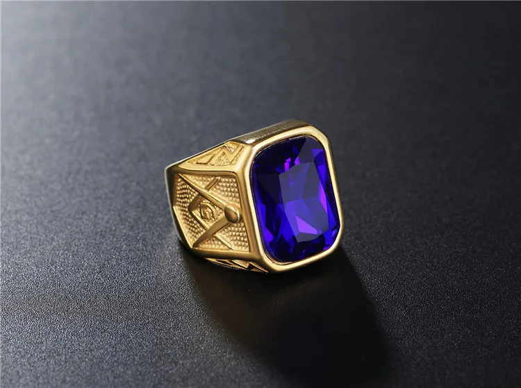 Новые золотые мужские винтажные масонские кольца FreeMason модные из нержавеющей стали с драгоценным камнем высокого качества мужское кольцо ювелирные изделия Хип-хоп - Цвет основного камня: blue gem